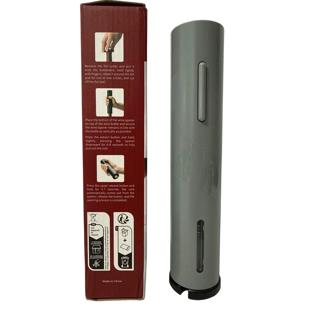 Electric Wine Opener Battery Operated Automatic Corkscrew with Foil Cutter Gray